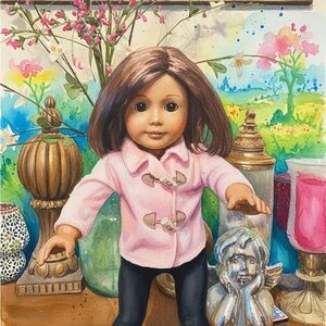 American Girl Doll with Pink Jacket and Brown Hair. Brown eyes. Blue earrings .